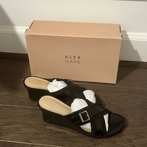 Alex Marie Glossy Black Wedge Sandals